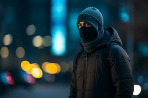 un hombre vistiendo un máscara y un negro chaqueta en pie en frente de un ciudad calle a noche generativo ai foto