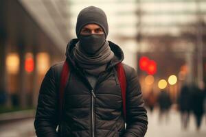un hombre vistiendo un máscara y un capucha en un ciudad calle generativo ai foto