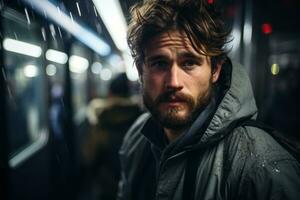 a man with long hair and beard standing on a subway platform generative ai photo