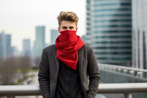 a man wearing a red scarf on a city street generative ai photo