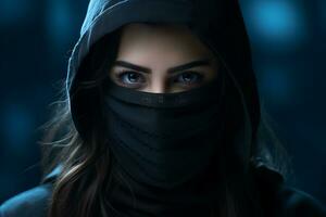 a woman in a black hoodie and black face mask generative ai photo