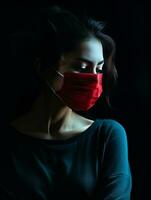 a woman in a black shirt with a red surgical mask on her face generative ai photo