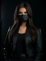a woman in a black leather jacket and black face mask generative ai photo