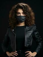 a woman in a black leather jacket with a surgical mask on her face generative ai photo