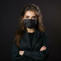 a woman in a black suit is wearing a surgical mask generative ai photo