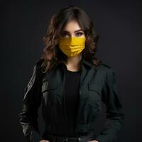 a woman in a black uniform with a yellow surgical mask on her face generative ai photo