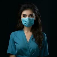 a woman in a blue dress is wearing a surgical mask generative ai photo