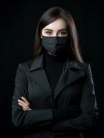 a woman in a black suit with a mask on her face generative ai photo