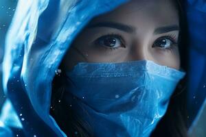 a woman in a blue raincoat with a face mask generative ai photo