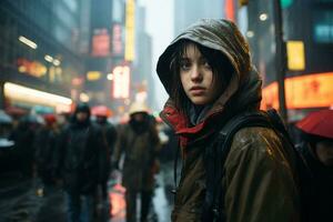 a woman in a hooded jacket walking down a street in the rain generative ai photo