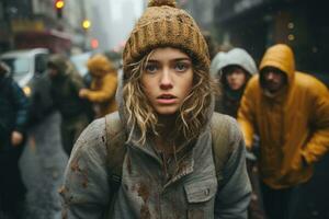 a woman in a hoodie and jacket walking down the street in the rain generative ai photo