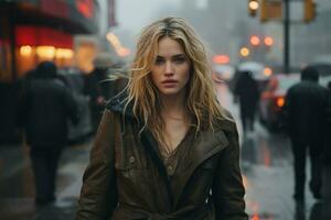 a woman in a leather jacket walking down a city street in the rain generative ai photo