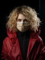 a woman in a red coat with a surgical mask on her face generative ai photo