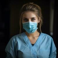 a woman in a scrub suit is wearing a surgical mask generative ai photo