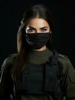 a woman in military gear with a mask on her face generative ai photo
