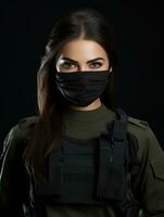 a woman in military gear with a mask on her face generative ai photo