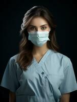 a woman in scrubs wearing a surgical mask generative ai photo