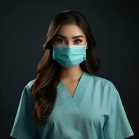 a woman in scrubs wearing a surgical mask generative ai photo