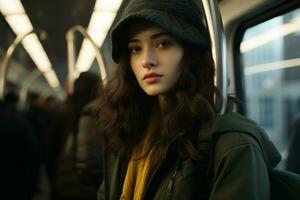 a woman wearing a beanie on a subway train photo