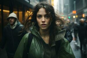 a woman walking down the street in the rain generative ai photo