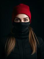a woman wearing a black face mask and a red beanie generative ai photo
