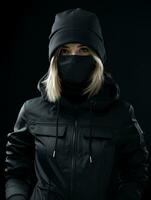 a woman wearing a black face mask and jacket generative ai photo