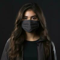a woman wearing a black face mask on a black background generative ai photo