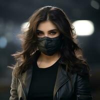 a woman wearing a black face mask generative ai photo