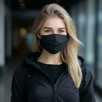 a woman wearing a black face mask generative ai photo