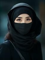 a woman wearing a black face mask photo