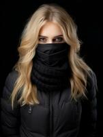 a woman wearing a black scarf over her face generative ai photo