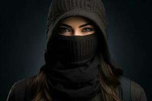 a woman wearing a black hoodie and a face mask generative ai photo