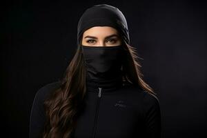 a woman wearing a black ski mask generative ai photo