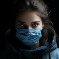 a woman wearing a blue surgical mask generative ai photo