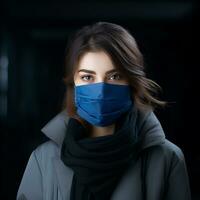 a woman wearing a blue surgical mask generative ai photo