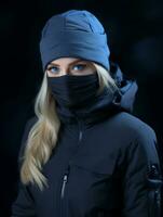 a woman wearing a face mask and a ski jacket generative ai photo