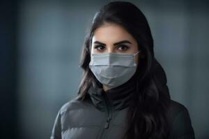 a woman wearing a face mask against a dark background photo