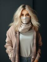 a woman wearing a face mask and scarf generative ai photo