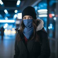 a woman wearing a face mask in an airport generative ai photo