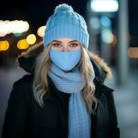 un mujer vistiendo un cara máscara en el ciudad a noche generativo ai foto