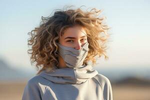a woman wearing a face mask in front of the ocean generative ai photo
