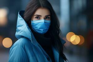 a woman wearing a face mask in the city photo