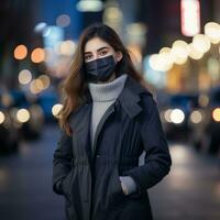 a woman wearing a face mask in the city at night generative ai photo