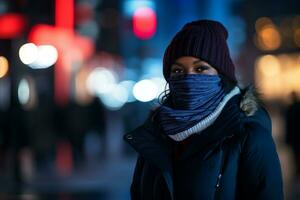 a woman wearing a face mask in the city at night generative ai photo