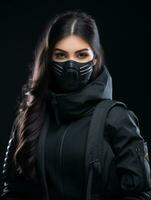 a woman wearing a face mask on a black background generative ai photo