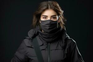 a woman wearing a face mask on a black background generative ai photo