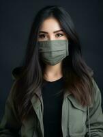 a woman wearing a face mask on a black background photo