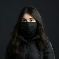 un mujer vistiendo un cara máscara en un negro antecedentes generativo ai foto