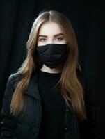 a woman wearing a face mask on a black background generative ai photo