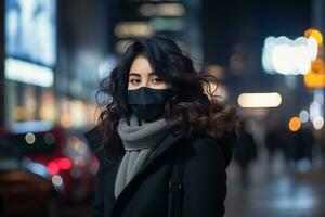 a woman wearing a face mask on a city street at night generative ai photo